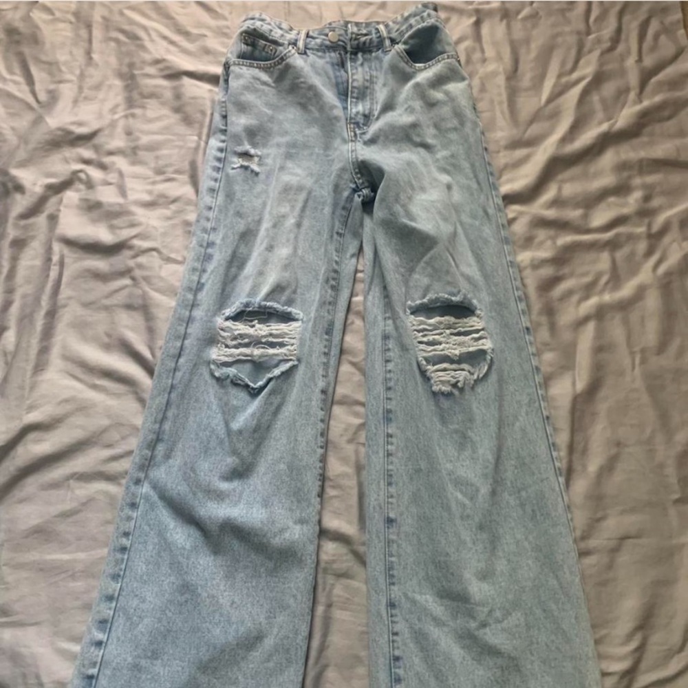 Women's Light Blue Distressed Wide Leg Jeans